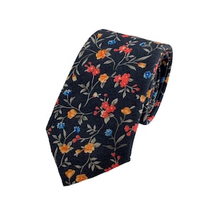 Men&#39;s Black Floral Print Necktie Slim/Narrow Width Wedding Party Style Groom Best Man Groomsman Gift Cotton Tie