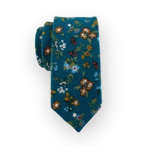 Men's Deep Blue Teal Floral Print Necktie Slim/Narrow Width Rustic Autumn Wedding Party Groom Best Man Groomsman Gift Brushed Cotton Tie