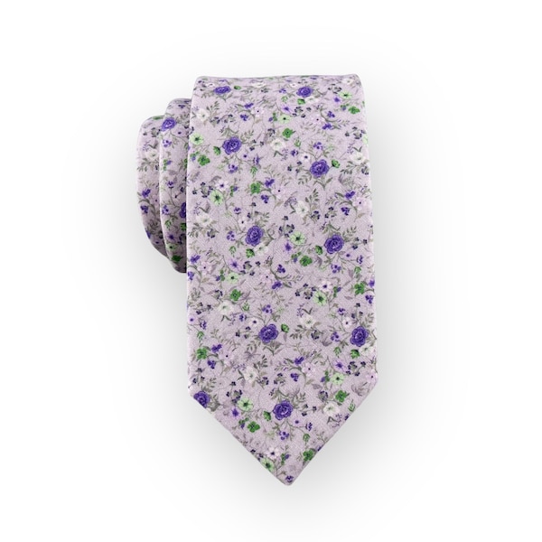 Men's Pastel Purple w/ Violet Floral Print Necktie Slim/Narrow Width Wedding Party Style Groom Best Man Groomsman Gift Cotton Tie