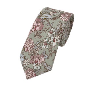 Men's Light Sage Floral Print Necktie Slim/Narrow Width Wedding Party Style Groom Best Man Groomsman Gift Cotton Tie