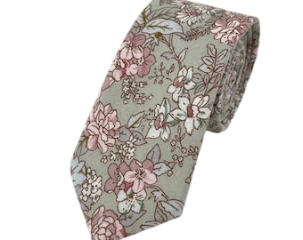 Men&#39;s Light Sage Floral Print Necktie Slim/Narrow Width Wedding Party Style Groom Best Man Groomsman Gift Cotton Tie