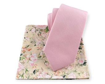 Men’s Orchid Pink Necktie & Floral Pocket Square Set, Spring Summer Romantic Elegant Wedding Reception Party Groom Best Man Style