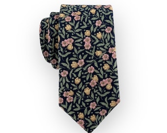Men's Dark Navy Rustic Style Floral Print Necktie Slim/Narrow Width Rural Woodland Wedding Party Style Groom Best Man Groomsman Gift