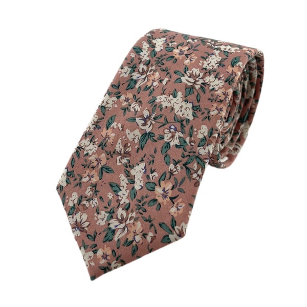 Men's Sandy Coral Pink Floral Print Necktie Slim/Narrow Width Wedding Party Style Groom Best Man Groomsman Gift Cotton Tie