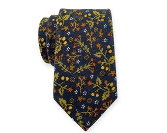Men’s Navy Autumn Floral Print Necktie Rustic Floral Tie Slim Width Fall Wedding Groom Groomsmen Gift Soft Matte Cotton