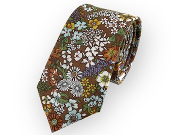 Men's Chocolate Brown Retro Style Floral Print Necktie Slim/Narrow Width Wedding Party Style Groom Best Man Groomsman Gift Cotton Tie