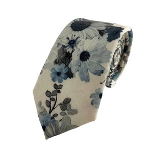 Men's Ivory Floral Print Necktie Slim/Narrow Width Wedding Party Style Groom Best Man Groomsman Gift Cotton Tie
