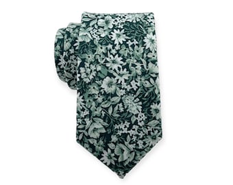 Men's Pine Green Floral Print Necktie Slim/Narrow Width Romantic Forest Enchanted Gem Wedding Party Style Groom Groomsman Gift Cotton Tie