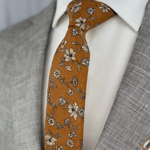 Men's Brown Ochre Floral Print Necktie Slim/Narrow Width Wedding Party Style Groom Best Man Groomsman Gift Cotton Tie image 4