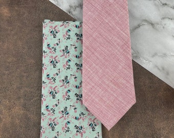 Men's Slim Pastel Pink Necktie & Pale Aqua Floral Print Pocket Square Set