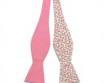 Vändbar vit, prydlig blommig fluga, Tickle Me rosa prickig och blommig mönster, dubbelsidig obindande fluga i fri stil