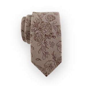 Men's Biscotti Greige Taupe Floral Print Necktie Slim/Narrow Width Rustic Autumn Wedding Groom Best Man Groomsman Gift Brushed Cotton Tie