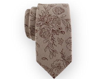 Men's Biscotti Greige Taupe Floral Print Necktie Slim/Narrow Width Rustic Autumn Wedding Groom Best Man Groomsman Gift Brushed Cotton Tie