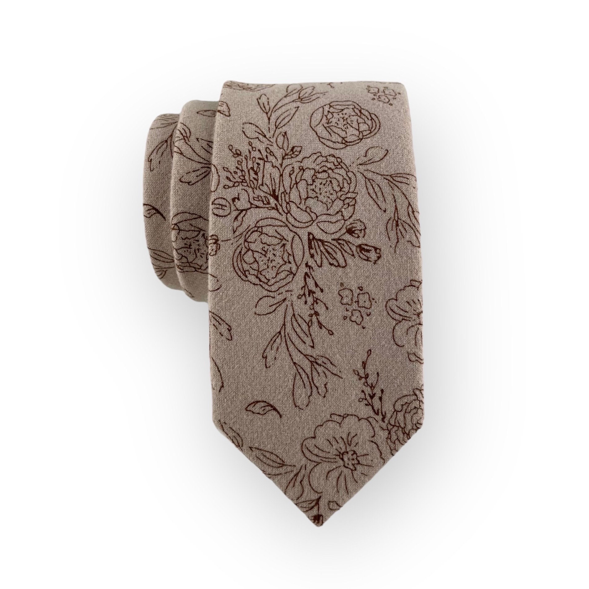 Men's Biscotti Greige Taupe Floral Print Necktie Slim/Narrow Width Rustic Autumn Wedding Groom Best Man Groomsman Gift Brushed Cotton Tie