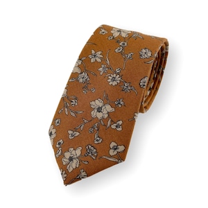 Men's Brown Ochre Floral Print Necktie Slim/Narrow Width Wedding Party Style Groom Best Man Groomsman Gift Cotton Tie image 1