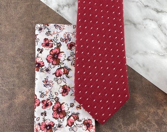 Men’s Ruby Red Slim Necktie & Floral Pocket Square Set, Embroidered Dot Pattern Tie, Wedding Style Groom Best Man Groomsman Combination