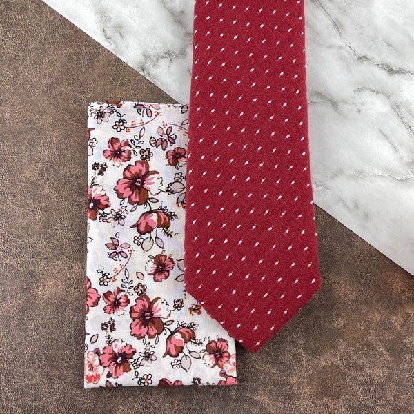Men’s Ruby Red Slim Necktie & Floral Pocket Square Set, Embroidered Dot Pattern Tie, Wedding Style Groom Best Man Groomsman Combination