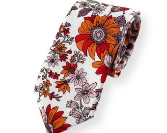 Men's White & Spanish Orange Retro Floral Necktie Slim/Narrow Width Wedding Party Style Groom Best Man Groomsman Gift