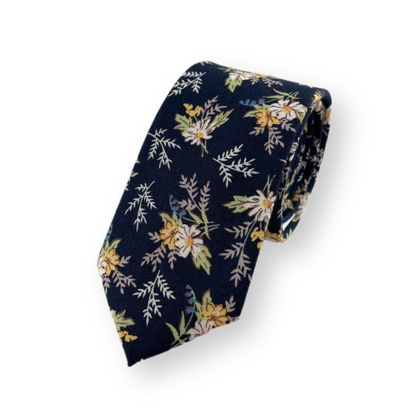 Men's Navy w/ Yellow Floral Print Necktie Slim/Narrow Width Wedding Boho Style Groom Best Man Groomsman Gift Cotton Tie