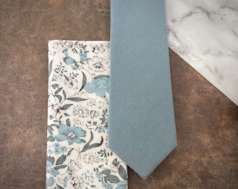 Men's Slim Dusty Blue Necktie & White Floral Pocket Square Set