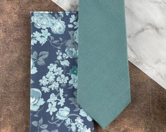 Men's Slim Dusty Teal Necktie & Steel Blue Floral Pocket Square Set