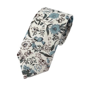 Men's White w/ Pastel Blue Floral Print Necktie Slim/Narrow Width Wedding Party Style Groom Best Man Groomsman Gift Cotton Tie