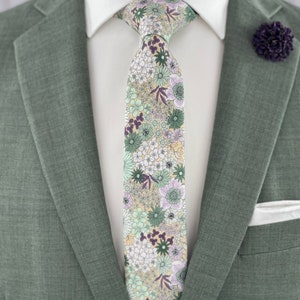 Men's Cream Bisque w/ Eucalytpus Retro Floral Print Necktie Slim/Narrow Width Wedding Party Style Groom Best Man Groomsman Gift image 3