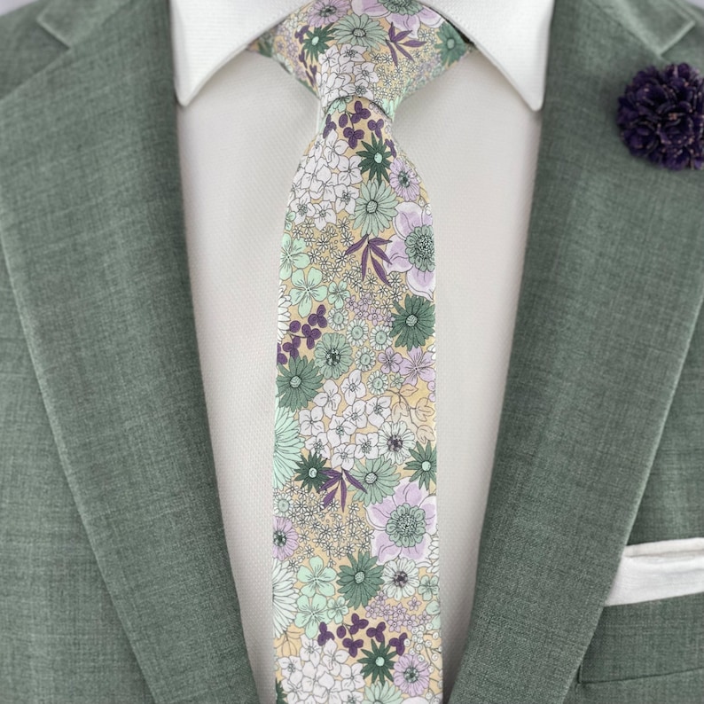 Men's Cream Bisque w/ Eucalytpus Retro Floral Print Necktie Slim/Narrow Width Wedding Party Style Groom Best Man Groomsman Gift image 2