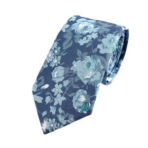 Men's Steel Blue Floral Print Necktie Slim/Narrow Width Wedding Party Style Groom Best Man Groomsman Gift Cotton Tie