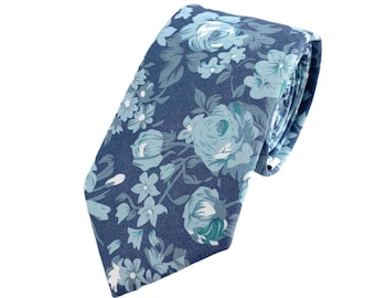 Men's Steel Blue Floral Print Necktie Slim/Narrow Width Wedding Party Style Groom Best Man Groomsman Gift Cotton Tie