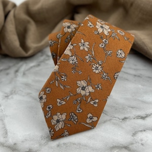 Men's Brown Ochre Floral Print Necktie Slim/Narrow Width Wedding Party Style Groom Best Man Groomsman Gift Cotton Tie image 2