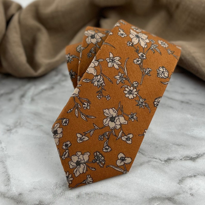 Men's Brown Ochre Floral Print Necktie Slim/Narrow Width Wedding Party Style Groom Best Man Groomsman Gift Cotton Tie image 2