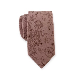 Herren Taupe Rosa Blumendruck Krawatte schlank / schmale Breite rustikale Herbst Hochzeit Bräutigam Trauzeuge Trauzeuge Geschenk gebürstet Baumwolle Krawatte