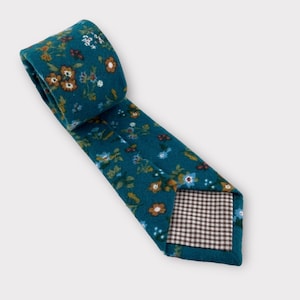 Men's Deep Blue Teal Floral Print Necktie Slim/Narrow Width Rustic Autumn Wedding Party Groom Best Man Groomsman Gift Brushed Cotton Tie image 9