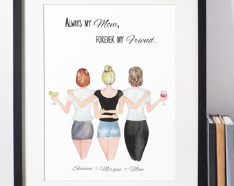 Mom Gift From Daughter, Custom Mother Son Print, Mom Birthday Gift, Family Portrait, Mothers Day Gift for Mom, Personalized Wall Art