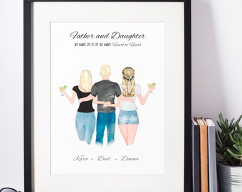 Personalized Father's Day Gift from Daughter, Custom Family Portrait Print, Dad Birthday Gift from Kids, Family Illustration Wall Art