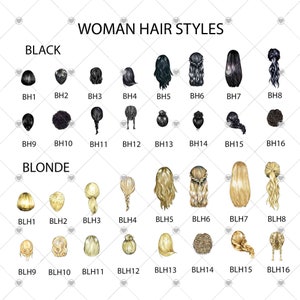 May include: A chart with 16 different hairstyles for women, with the first row labeled "BLACK" and the second row labeled "BLONDE". Each hairstyle is illustrated with a drawing of a woman's head and shoulders, with the back of the head facing the viewer.