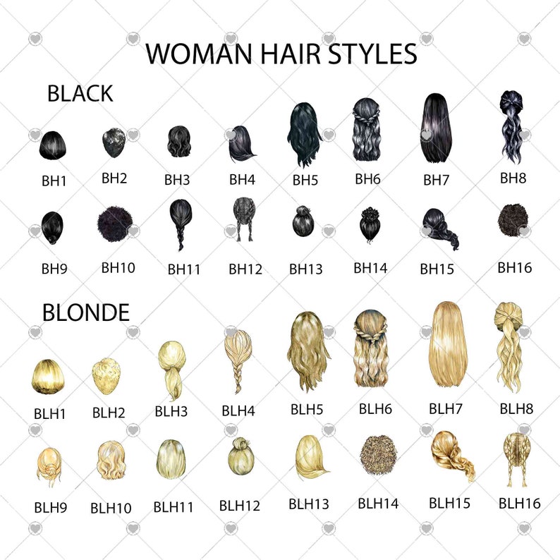 May include: A chart with 16 different hairstyles for women, with the first row labeled "BLACK" and the second row labeled "BLONDE". Each hairstyle is illustrated with a drawing of a woman's head and shoulders, with the back of the head facing the viewer.