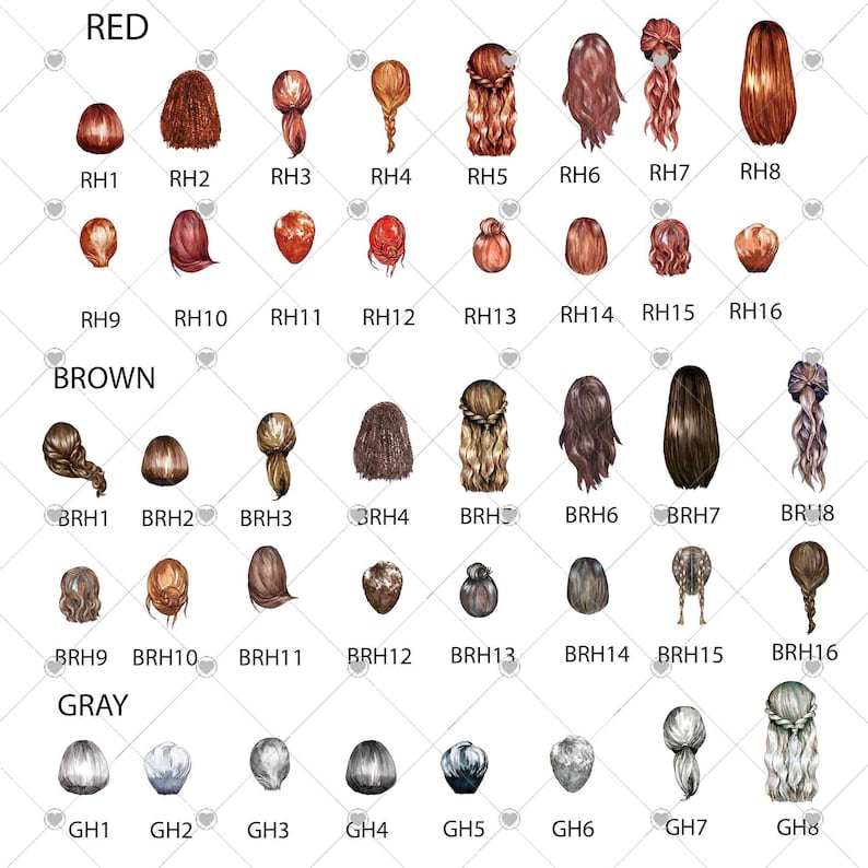 May include: A chart with 3 rows of 8 different hair styles. The first row is labeled "RED" and features red hair styles. The second row is labeled "BROWN" and features brown hair styles. The third row is labeled "GRAY" and features gray hair styles.