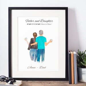 May include: A watercolor illustration of a father and daughter walking side-by-side. The father is wearing a teal shirt and jeans, while the daughter is wearing a black leather jacket, jeans, and a ponytail. The text "Father and Daughter" is written above them, and the text "Not always eye to eye but always Heart to Heart" is written below them. The text "Anna - Dad" is written at the bottom of the illustration.
