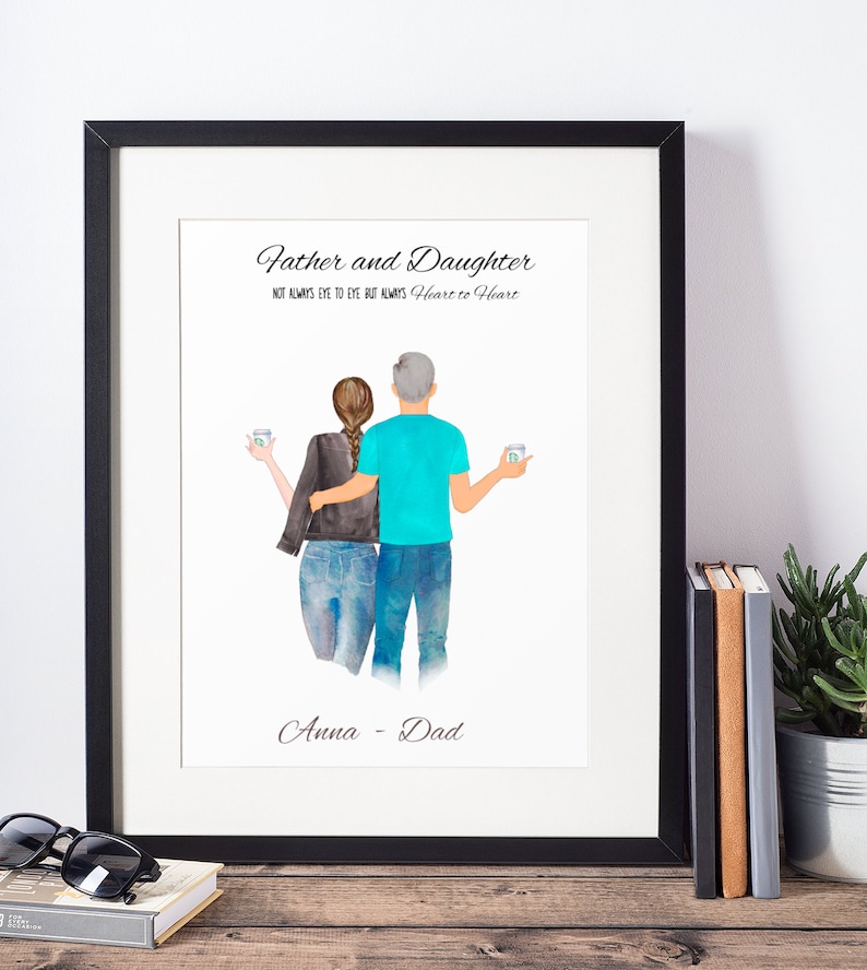 May include: A watercolor illustration of a father and daughter walking side-by-side. The father is wearing a teal shirt and jeans, while the daughter is wearing a black leather jacket, jeans, and a ponytail. The text "Father and Daughter" is written above them, and the text "Not always eye to eye but always Heart to Heart" is written below them. The text "Anna - Dad" is written at the bottom of the illustration.