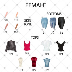 May include: A digital illustration of clothing options for a customizable avatar.  The image shows four skin tones, seven tops, and three bottoms.