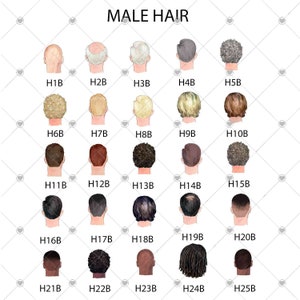 May include: A chart of 25 different male hairstyles, illustrated in watercolor, with the title "MALE HAIR" at the top. Each hairstyle is labeled with a letter and number, for example, "H1B", "H2B", etc.