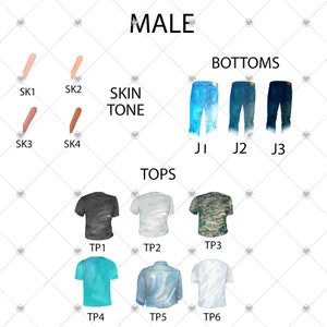 May include: A digital illustration of a male avatar creator with options for skin tone, tops, and bottoms. The skin tone options are labeled SK1 through SK4. The tops are labeled TP1 through TP6. The bottoms are labeled J1 through J3.