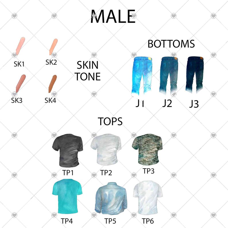 May include: A digital illustration of a male avatar creator with options for skin tone, tops, and bottoms. The skin tone options are labeled SK1 through SK4. The tops are labeled TP1 through TP6. The bottoms are labeled J1 through J3.
