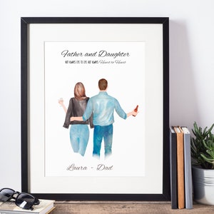 May include: A watercolor illustration of a father and daughter walking away from the viewer. The father is wearing a blue shirt and jeans, and the daughter is wearing a black leather jacket, blue jeans, and a white shirt. The text "Father and Daughter" is written above the illustration, and the text "NOT ALWAYS EYE TO EYE BUT ALWAYS Heart to Heart" is written below the illustration. The text "Laura - Dad" is written below the illustration.