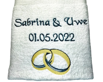 Toalla de boda con nombres y fecha, anillos de boda, toalla de ducha, toalla de invitados, toalla de sauna, hermosos colores