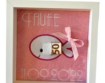 Picture frame for baptism as a gift of money, customizable, fish