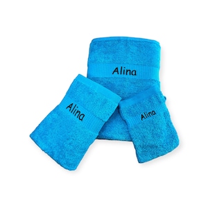 Towel set with name embroidered on border, bath towel, guest towel, sauna towel, washcloth