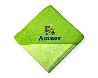 Hooded towel tractor and name embroidered, 80x80 or 100x100 cm, different colors